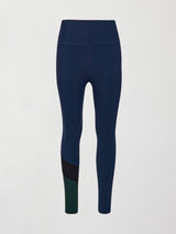Flat lay of Melt High-Waisted Colorblock Legging in Navy, Black, and Forest, front view.