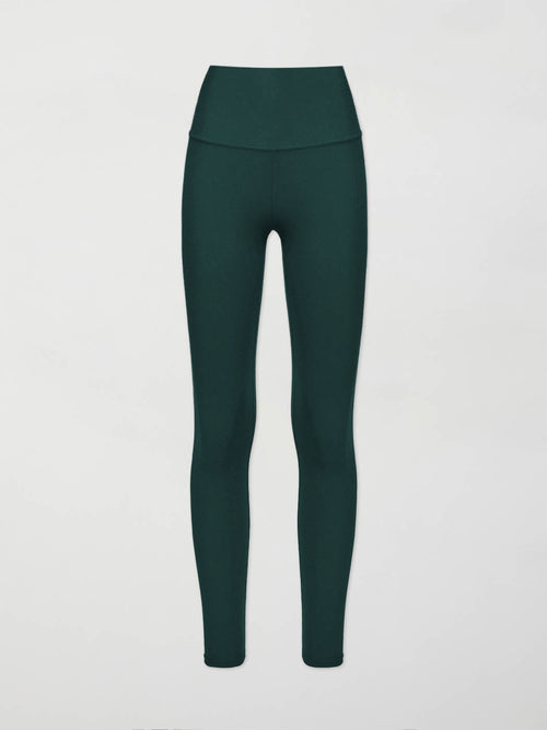 Flat lay of the High Rise Legging in Forest, front view.