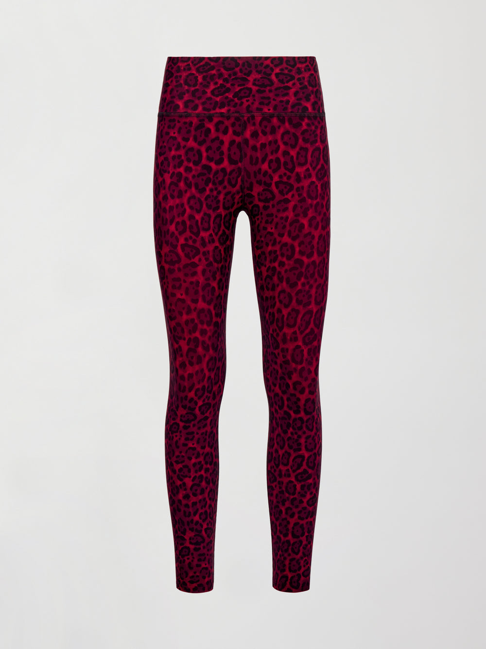 High-rise red leopard Melt leggings displayed on white background.