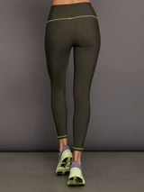 High Rise Legging with Fleece Back - Dark Olive/ Acid Lime