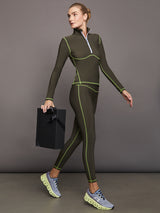 High Rise Legging with Fleece Back - Dark Olive/ Acid Lime