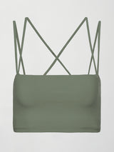 A buttery soft sports bra in army green with double straps and cross back design. 