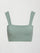 Model wears sage green bra top with a square neckline and wide shoulder straps.