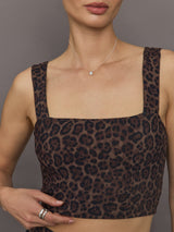 Close up detail of Melt Square Neck Bra Leopard Print neckline and chest.