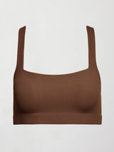 Flat lay of Racerback Bra in Ribbed Melt Cocoa Brown with square neckline and racerback straps.
