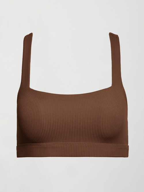 Flat lay of Racerback Bra in Ribbed Melt Cocoa Brown with square neckline and racerback straps.