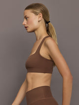 Side view of Racerback Bra in Ribbed Melt Cocoa Brown showing square neckline and wide ribbed straps.