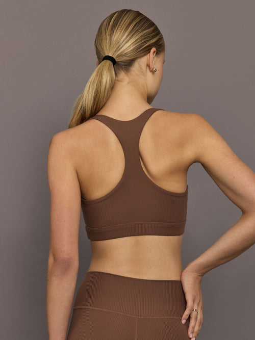 Back view of Racerback Bra in Cocoa Brown ribbed melt with racerback straps and wide band detail.