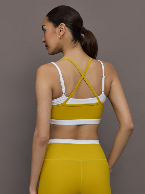 Model is wearing Melt Double-Layered Contrast Bra in Mango Mint/White, back view with cross straps.