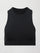 A cropped black athleisure tank with an asymmetrical racerback. 
