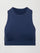 A cropped navy athleisure tank with an asymmetrical racerback. 