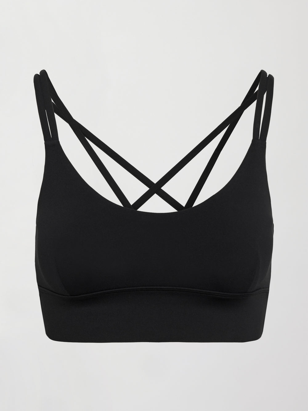 Flat lay of Diamond Compression Multi Strap Active Bra in Black, front view.
