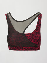 Flat lay of the Mesh Overlay Bra in Red Leopard, front view.