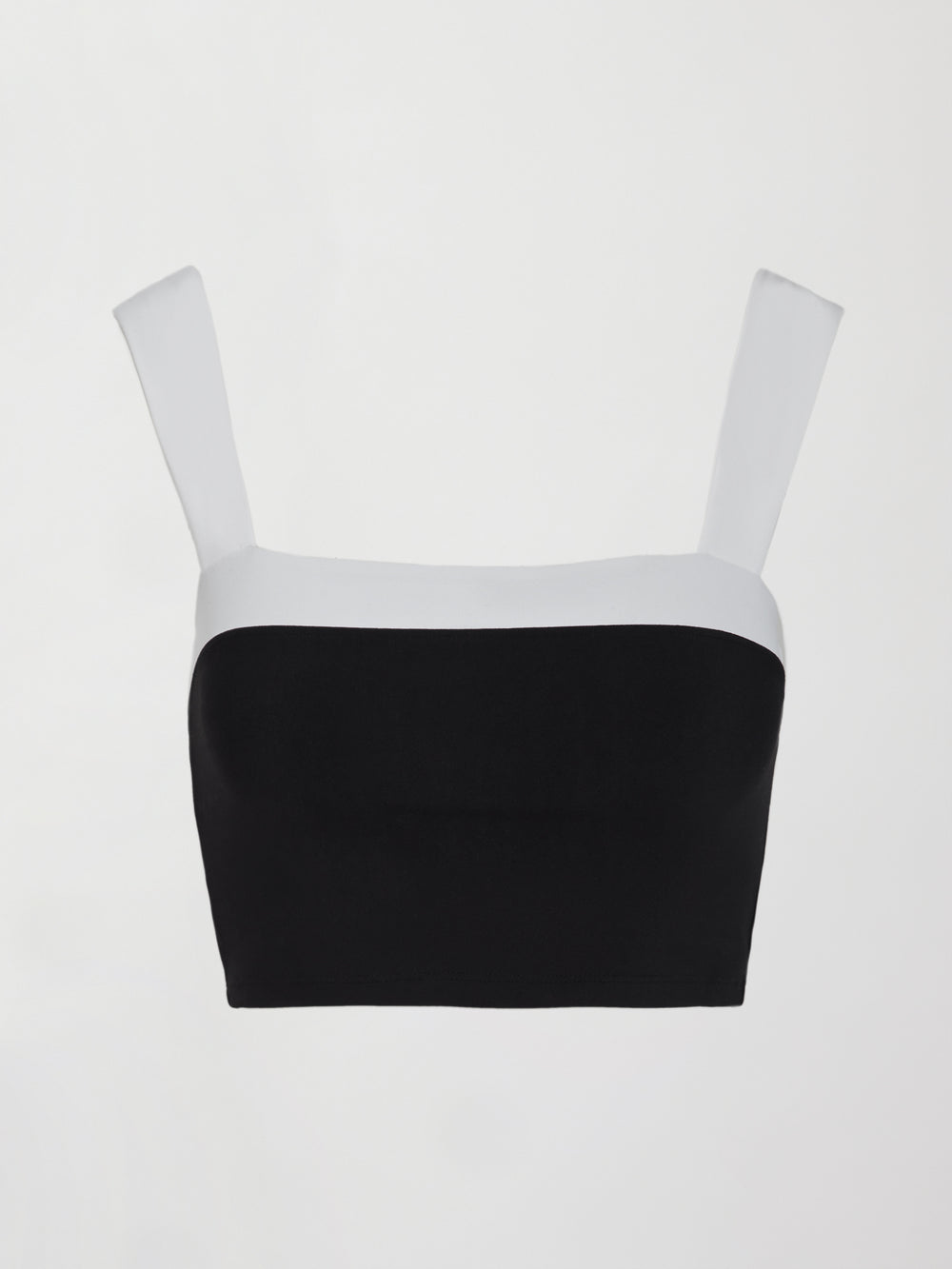 Black and white square-neck longline contrast bra top with wide straps, designed for a secure fit and perfect for low-impact workouts, front view.