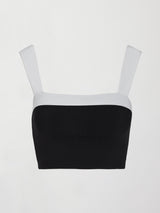Black and white square-neck longline contrast bra top with wide straps, designed for a secure fit and perfect for low-impact workouts, front view.
