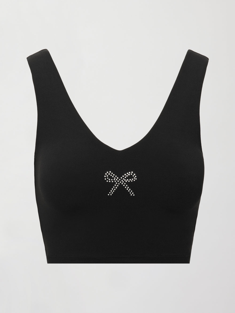 Rhinestone Bow Bra in Melt Black with rhinestone bow detail, product view on white background.