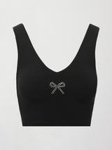 Rhinestone Bow Bra in Melt Black with rhinestone bow detail, product view on white background.