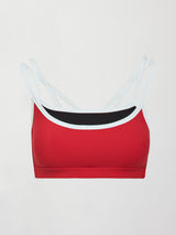 Flat lay of Melt Double Layered Sports Bra in Black, Crimson, and White Binding, front view.