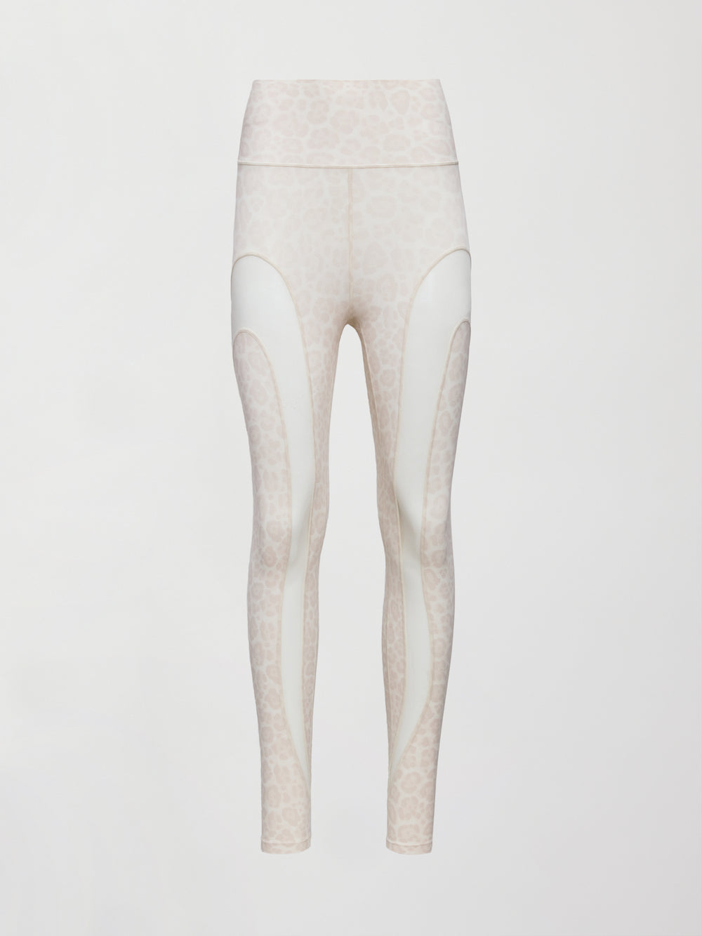 Model wears snow leopard leggings with sheer mesh spliced panels along the legs, a high-rise waistband, and a sleek, form-fitting silhouette.