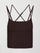 Dark brown square-neck tank top with thin double straps and crisscross back detail, front view flat lay on white background, perfect for low impact workouts.