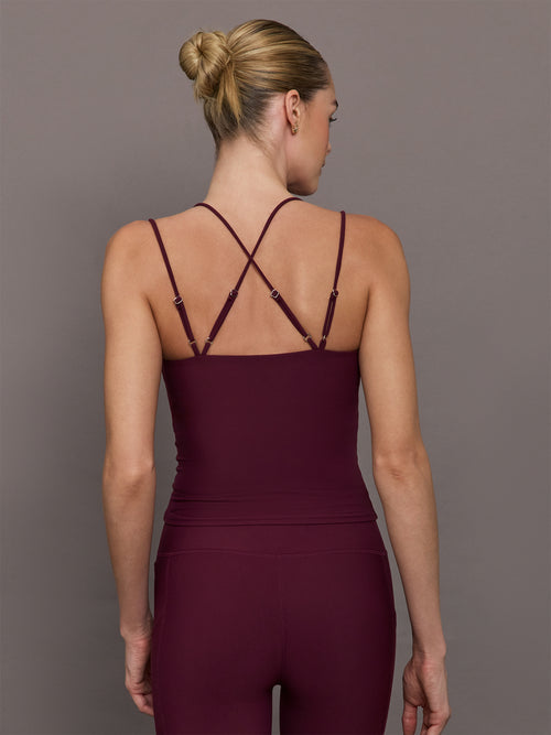Model wearing strappy tank in color fig