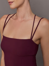 Model wearing strappy tank in color fig