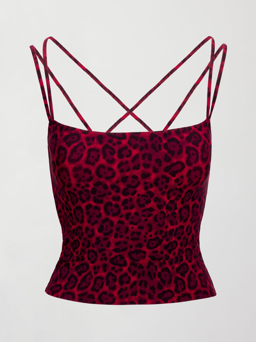 Front view of Melt strappy tank in red leopard print with square neckline.