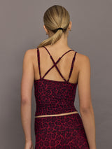 Model wearing Melt strappy tank in red leopard, full back view showing slim fit and straps.