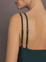 Close up of the V Neck Tank in Forest, strap detail.
