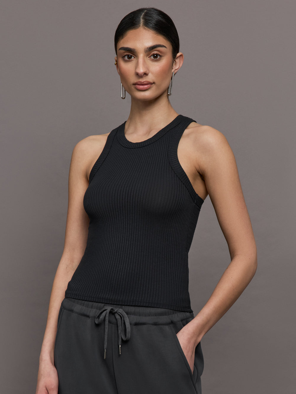 High Neck Fitted Tank in Ribbed Jersey - Black Carbon38 High Neck Fitted Tank in Ribbed Jersey - Black Carbon38