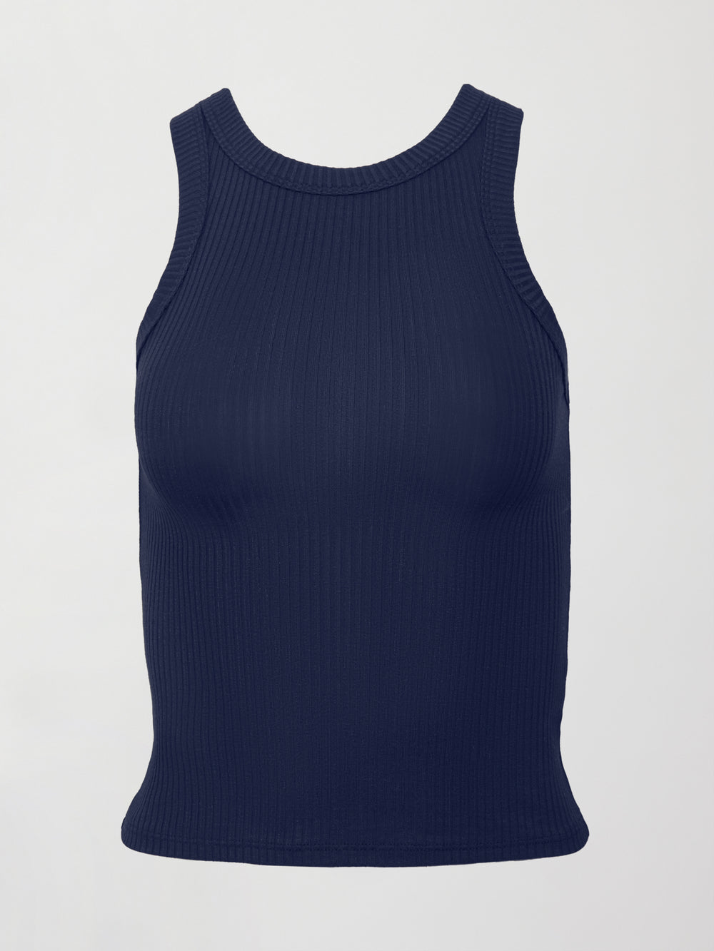 A lightweight navy high neck ribbed tank. 