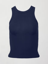 A lightweight navy high neck ribbed tank. 