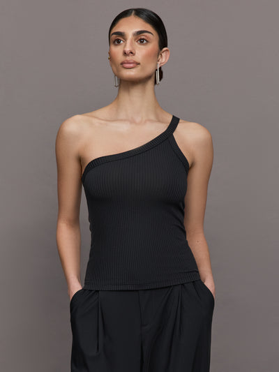 Model wears a black ribbed one shoulder tank.