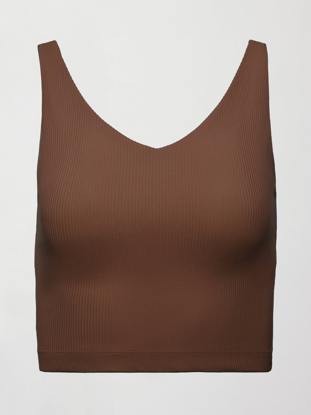 Flat lay of cocoa brown ribbed melt v-neck cropped tank top, women’s activewear tank with ribbed texture.