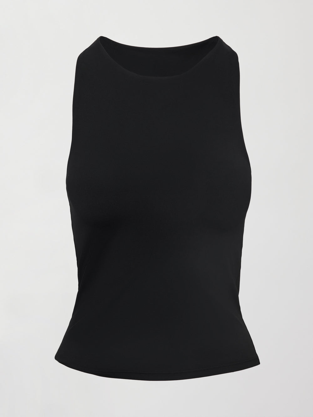 Model wears black high-neck tank with a racerback design and smooth, fitted finish.

