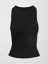 Model wears black high-neck tank with a racerback design and smooth, fitted finish.

