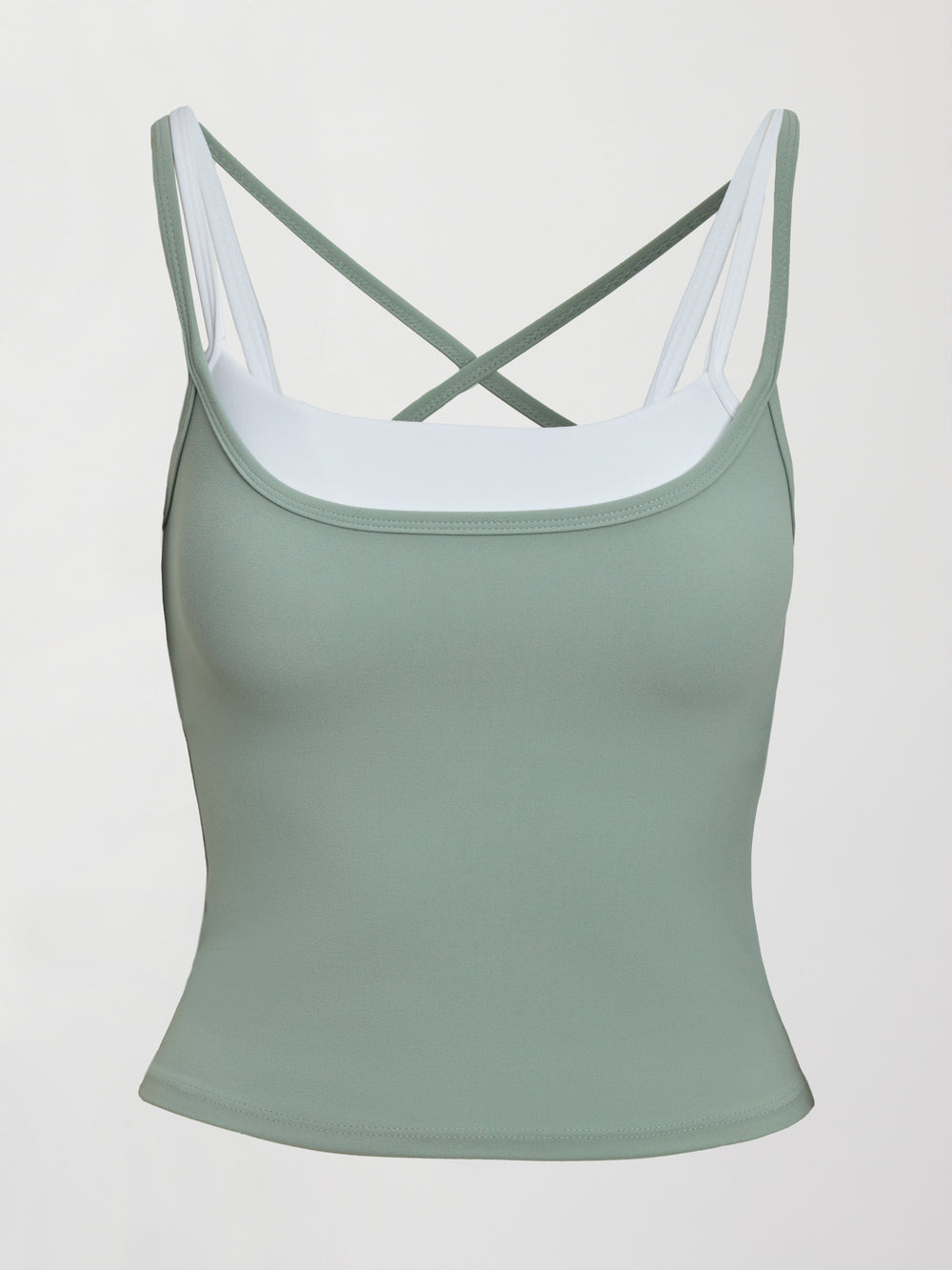 Model wears double-layered melt tank with sage outer body and white inner layer.