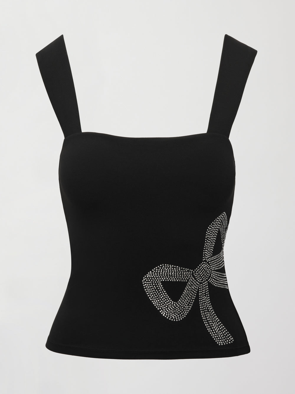 Rhinestone Bow Tank in Melt Black with rhinestone bow design, product view on white background.