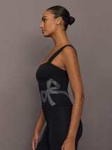 Side view of Rhinestone Bow Tank in Melt Black showing rhinestone bow embellishment.