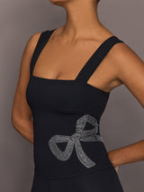Close-up of Rhinestone Bow Tank in Melt Black highlighting rhinestone bow embellishment at waist.