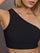 Model is wearing Melt One-Shoulder Cropped Tank in Black, neckline close-up.