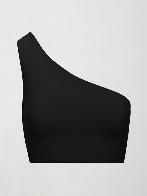 Flat lay of Melt One-Shoulder Cropped Tank in Black, front view.