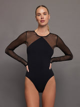 Sheer Long Sleeve Leotard - Black