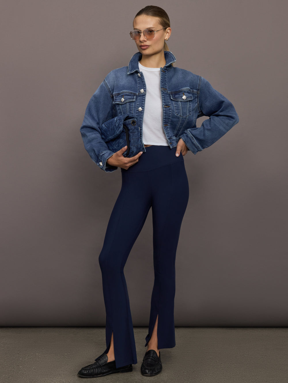 Crop Denim Jacket with Jewel Buttons in Dark Wash styled with white tee, navy pants, and loafers.