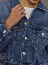 Close-up of Crop Denim Jacket with Jewel Buttons in Dark Wash showing jewel button embellishments.