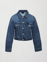 Crop Denim Jacket with Jewel Buttons in Dark Wash, product view on white background.