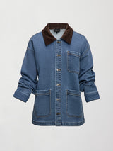 Flat lay of the Denim Barn Jacket in Dark Wash, front view.