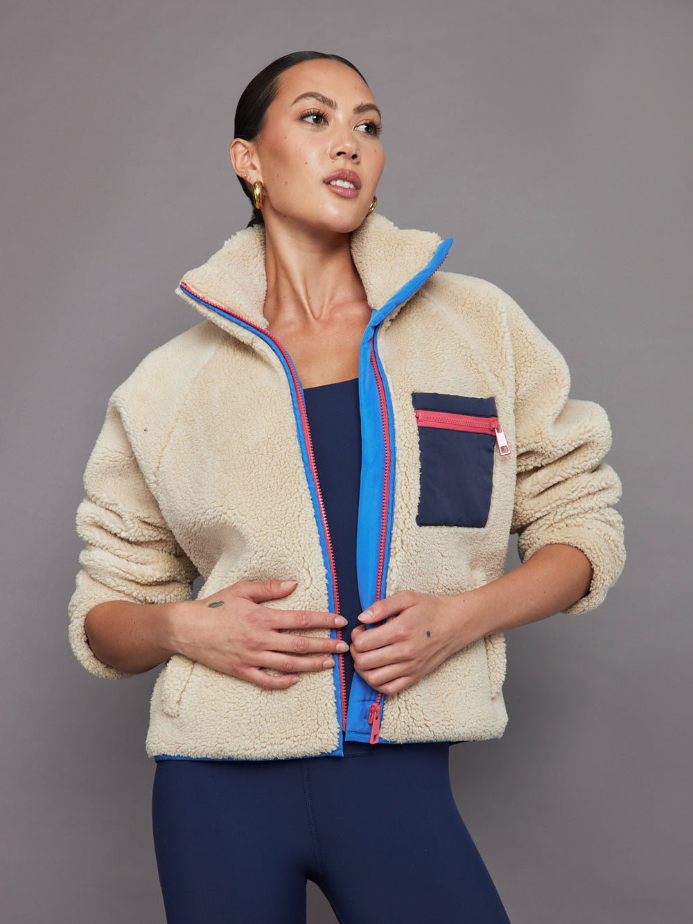 Extra Rice Jacket Contrast Sherpa Jacket - Brown Rice / Navy Blazer – Carbon38