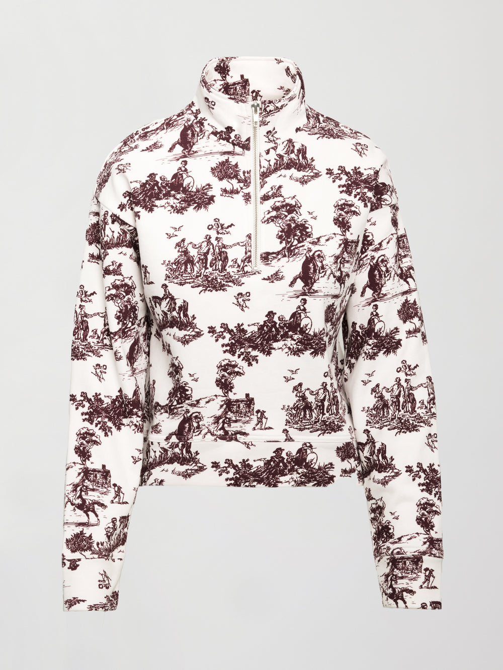 Burgundy toile printed mock neck zip up long sleeve track sweatshirt.