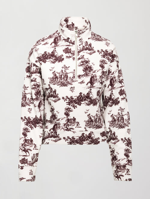 Burgundy toile printed mock neck zip up long sleeve track sweatshirt.